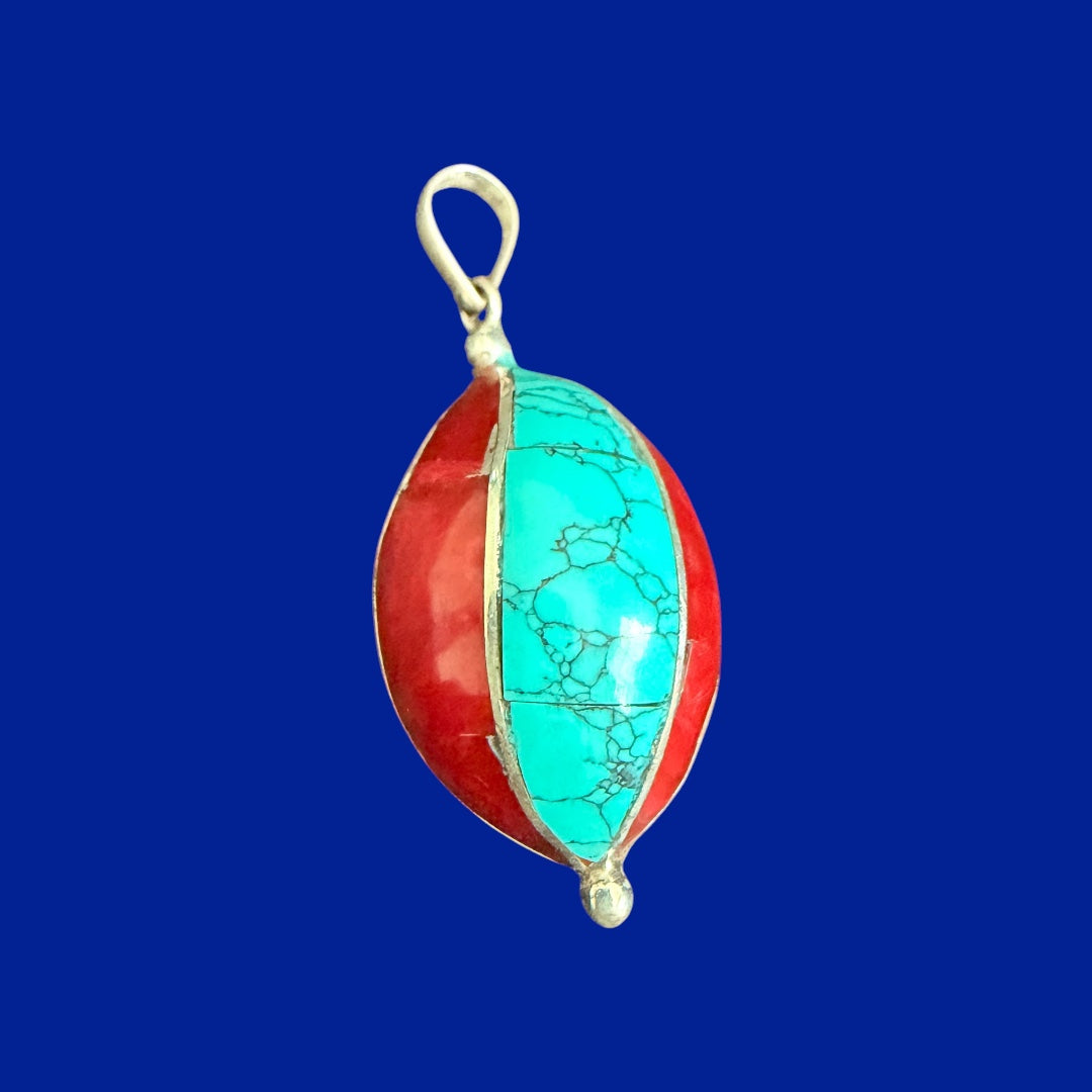 Tibetan Coral and Turquoise Inlay Sterling Silver Pendant