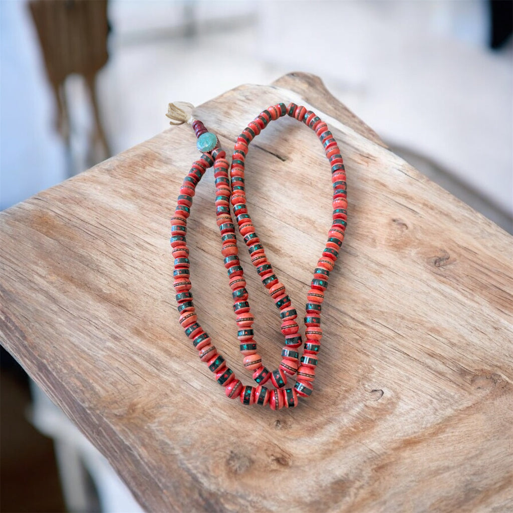 Himalayan Yak Bone Red Mala with Torquoise and coral Inlaid