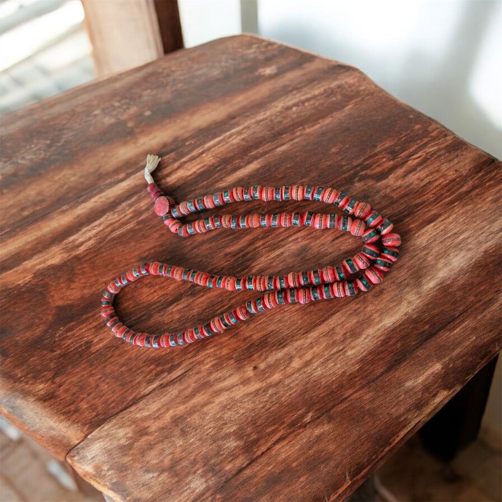 Himalayan Yak Bone Red Mala with Torquoise and coral Inlaid