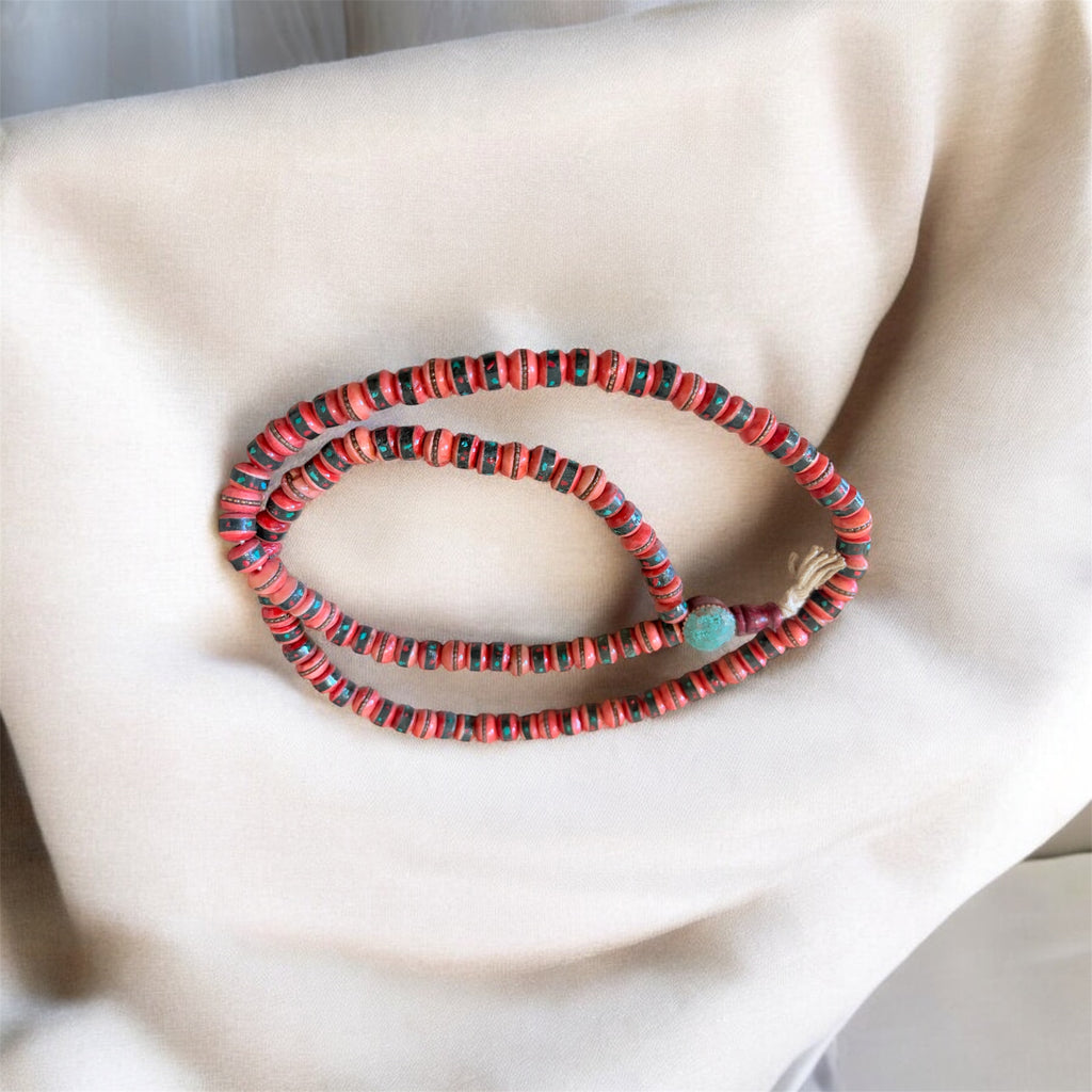 Himalayan Yak Bone Red Mala with Torquoise and coral Inlaid