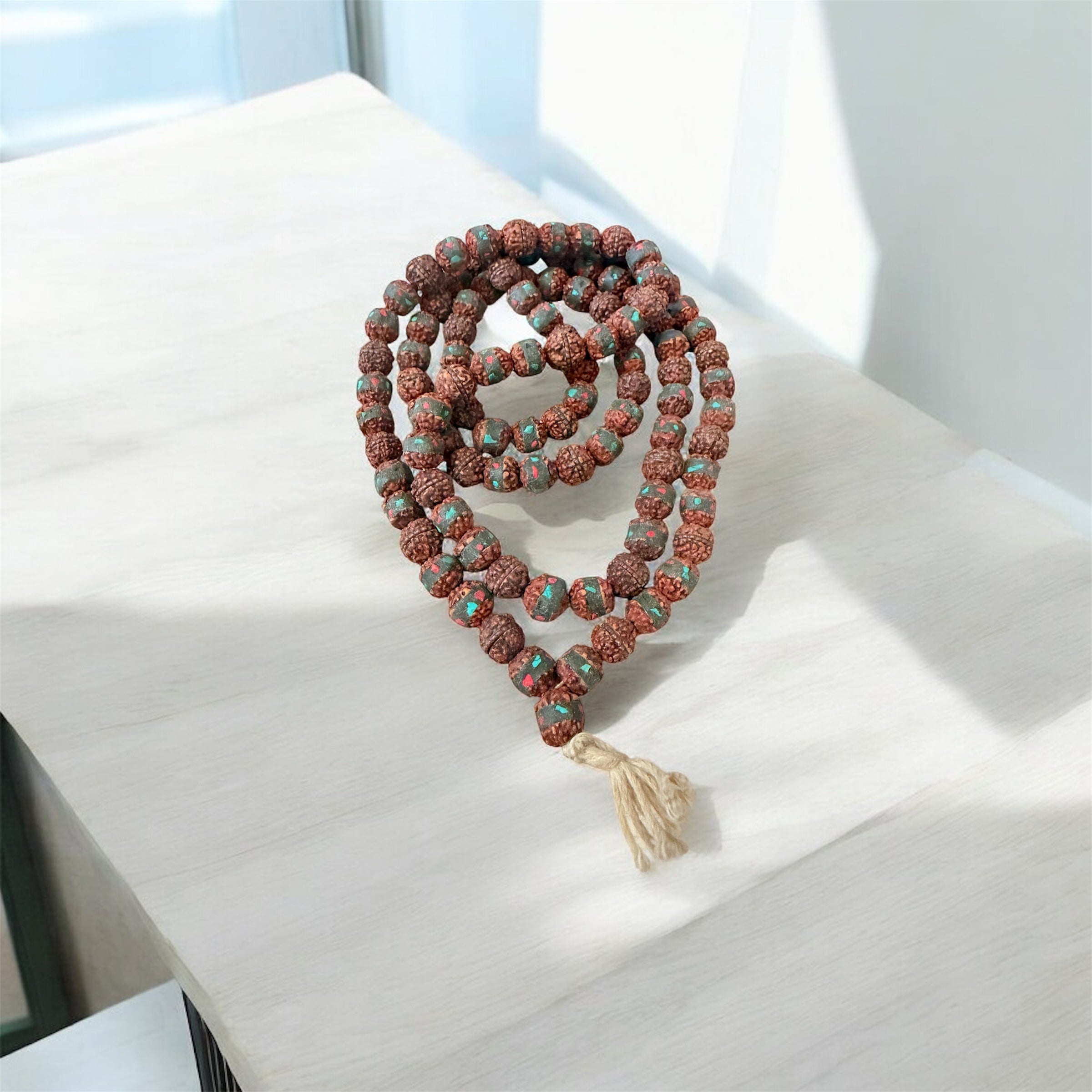 108 Rudraksha Seed Mala Necklace Inlaid Turquoise Coral
