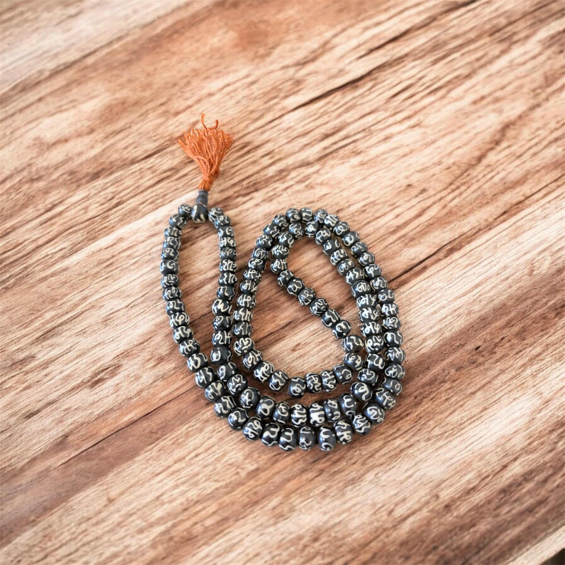 Tibetan Yak Bone Mala with Mantra Carved