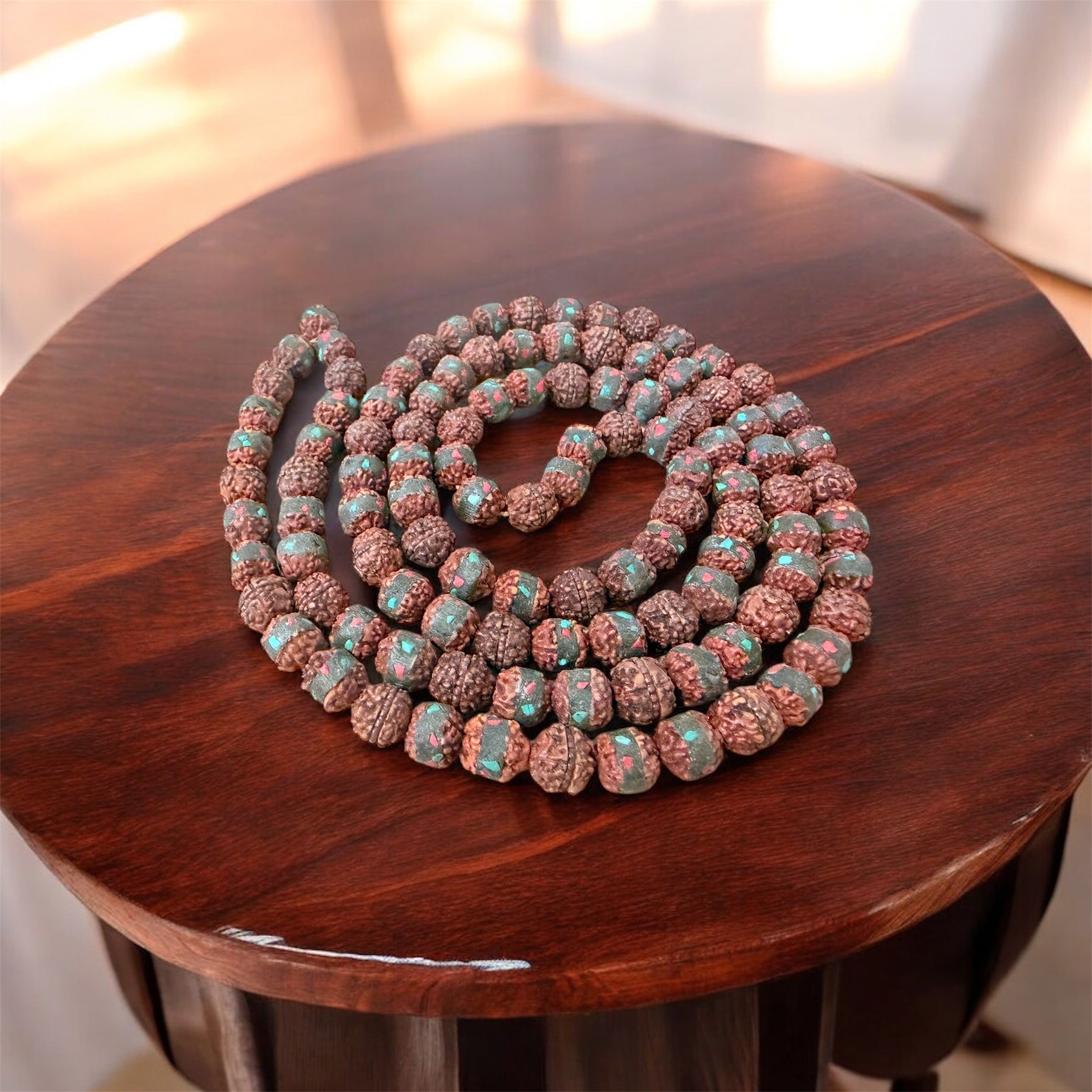 108 Rudraksha Seed Mala Necklace Inlaid Turquoise Coral