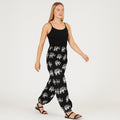 Womens Black Elephant Print Harem Pants One Size Smocked Elasticated Waist Hippy Boho Style | Hippie Festival Lounge Pants | Yoga Pants 100% cotton