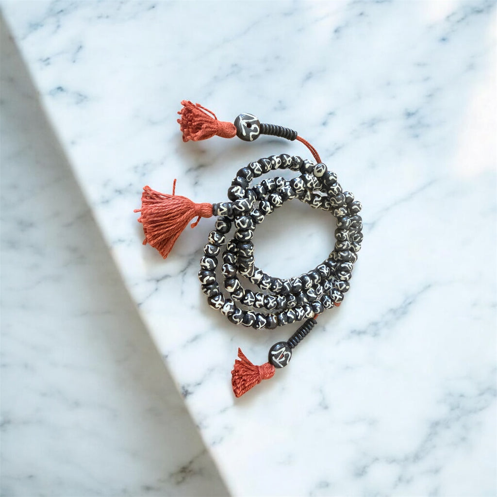 Tibetan Yak Bone Mala with Mantra Carved