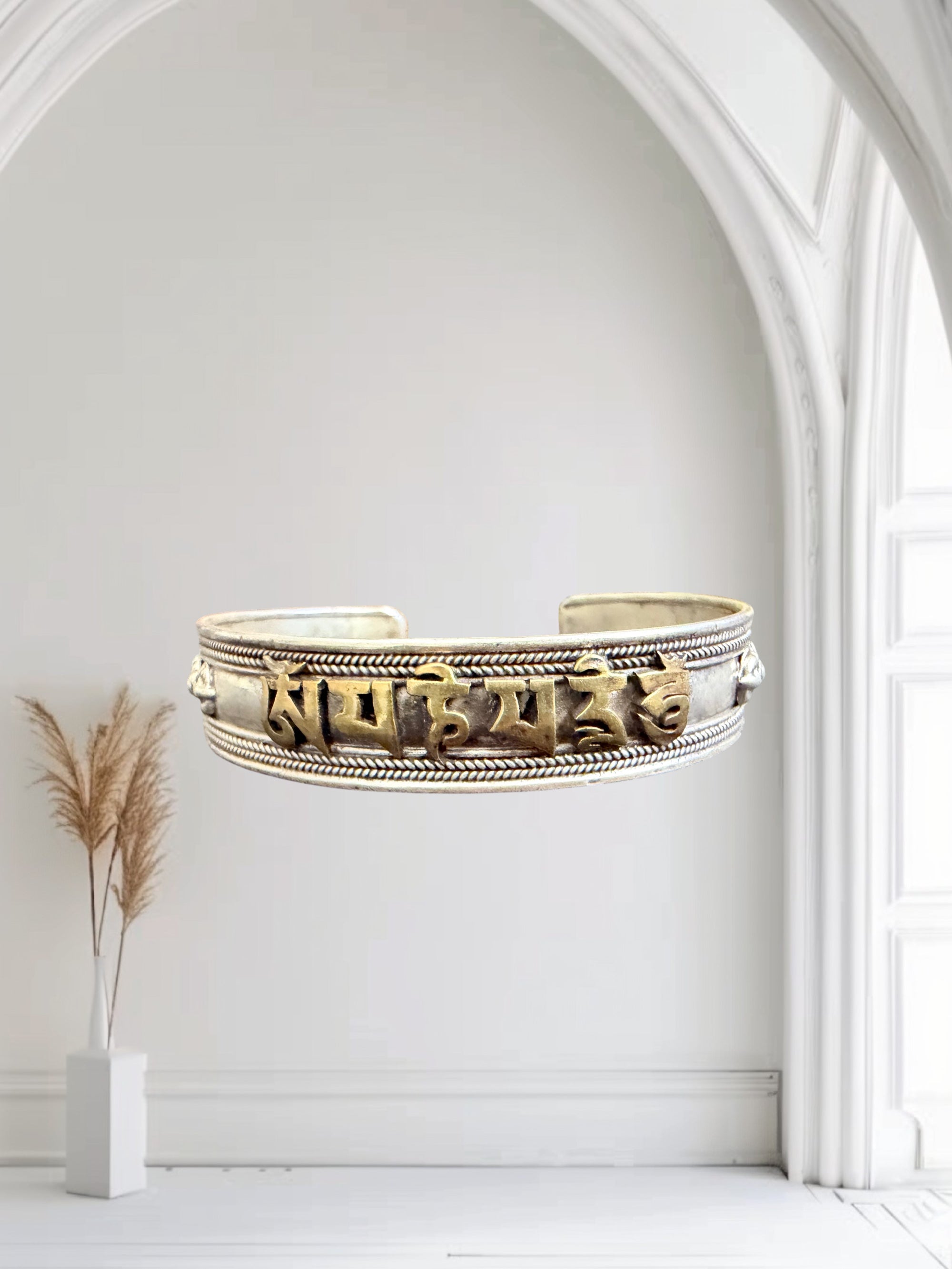 Tibetan OM MANI PADME HUNG MANTRA Sterling Silver and Gold Plated  Bracelet