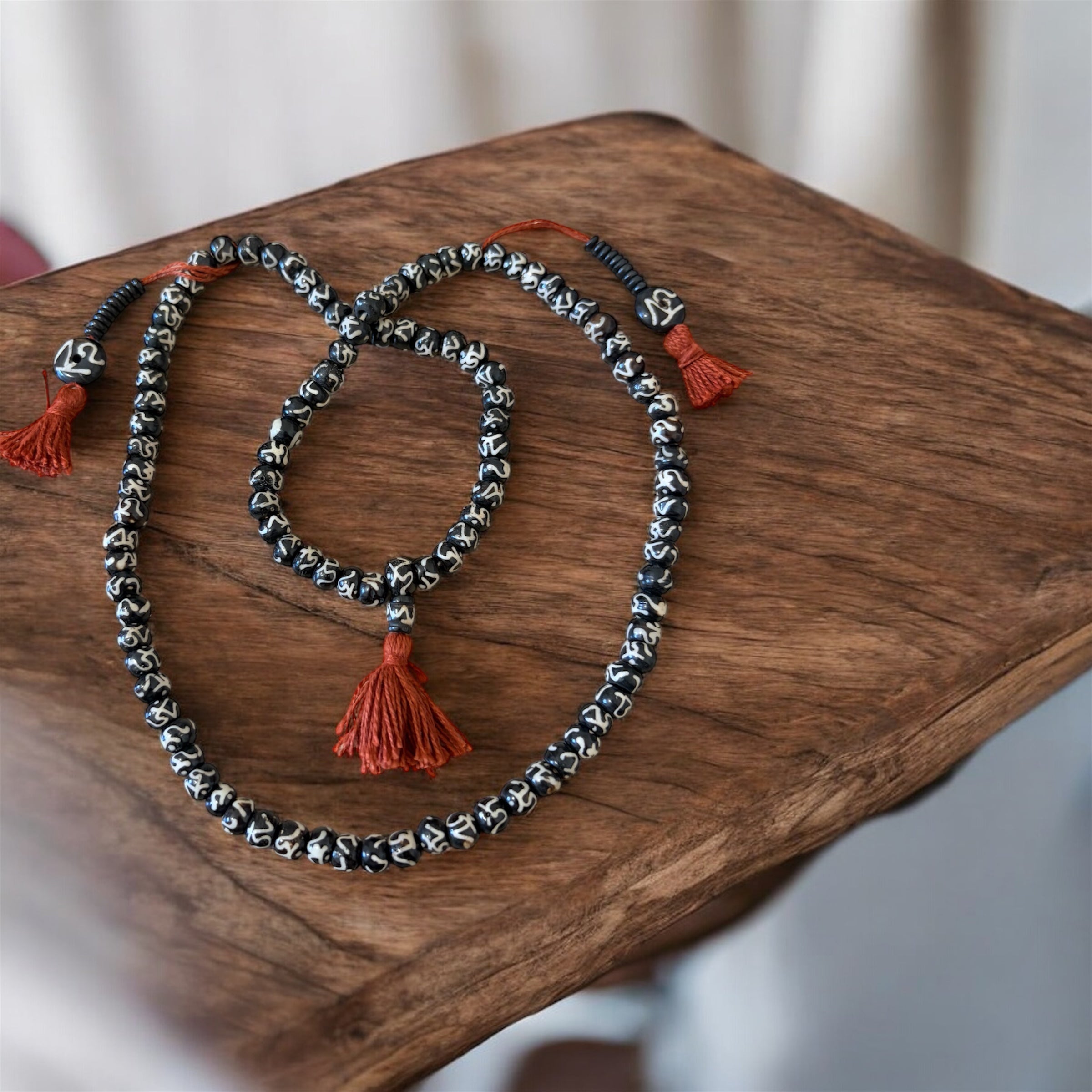 Tibetan Yak Bone Mala with Mantra Carved
