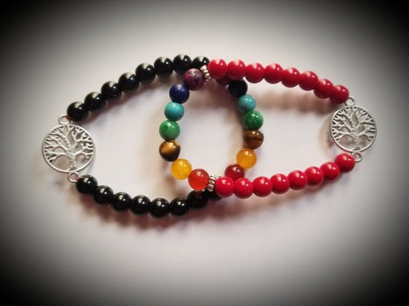 7 CHAKRA WITH TREE OF LIFE ONYX AND CORAL COUPLE BRACELETS: