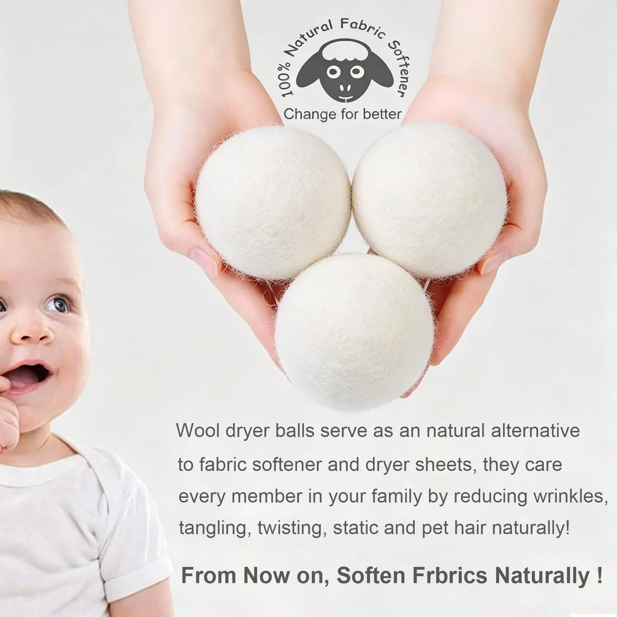 Budieggs Wool Dryer Balls Organic XL 4-Pack, 100% New Zealand Wool Chemical Free Fabric Softener for 1000+ Loads, Bab