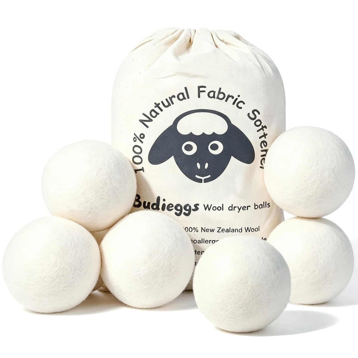 Budieggs Wool Dryer Balls Organic XL 4-Pack, 100% New Zealand Wool Chemical Free Fabric Softener for 1000+ Loads, Bab