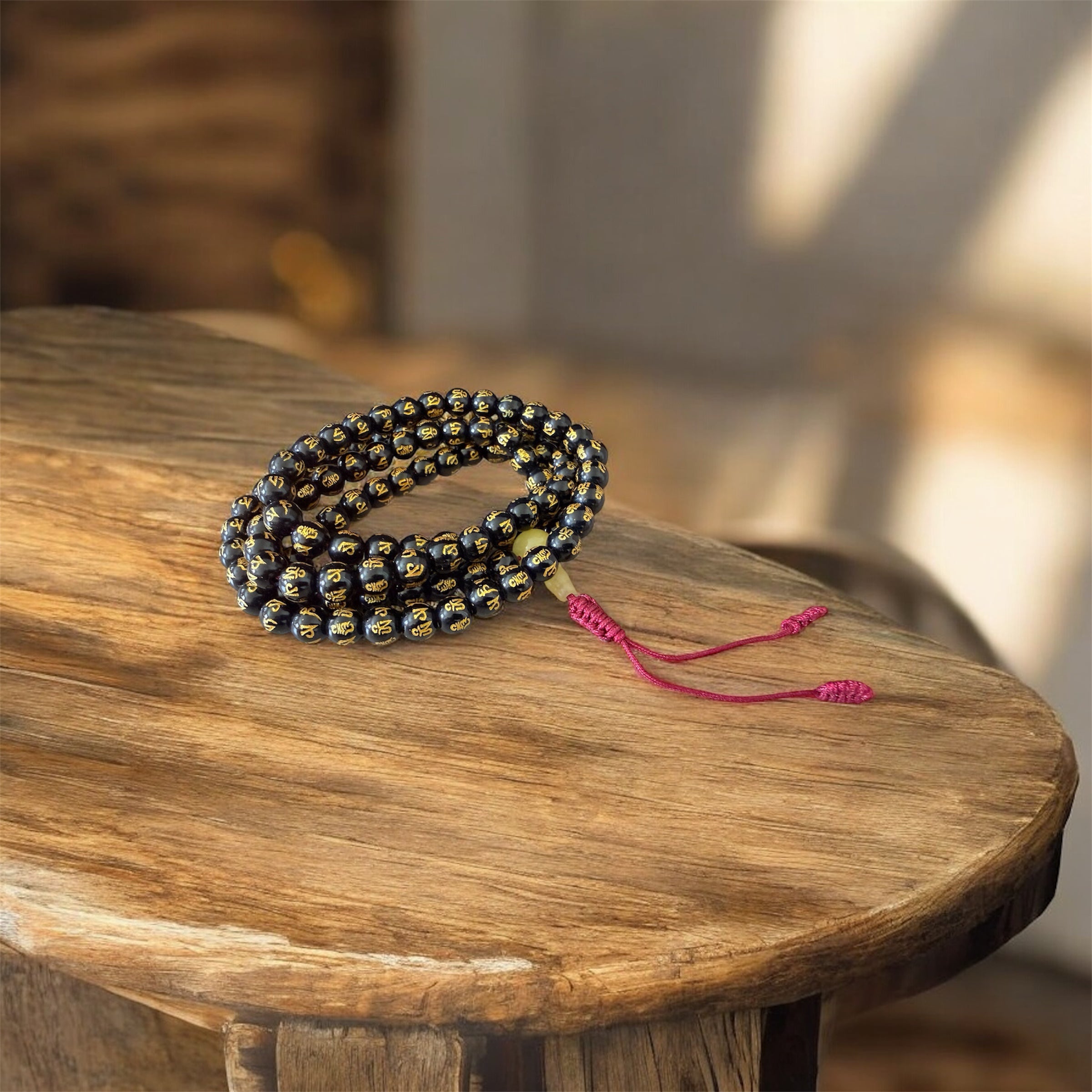 Om Mani Padme Hung carved Black Agate Mala