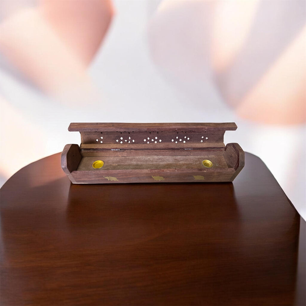 Wooden Incense Box, Agarbati Holder Wooden Hand Carved Incense Burner, Incense Holder, Brass Inlays & Storage Incense Holder Stand, Incense Stick Stand Handmade