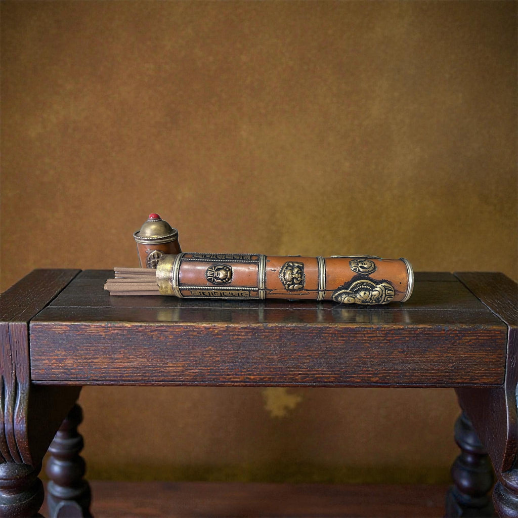 Tibetan Copper Incense Holder tube 8 Auspicious Symbols
