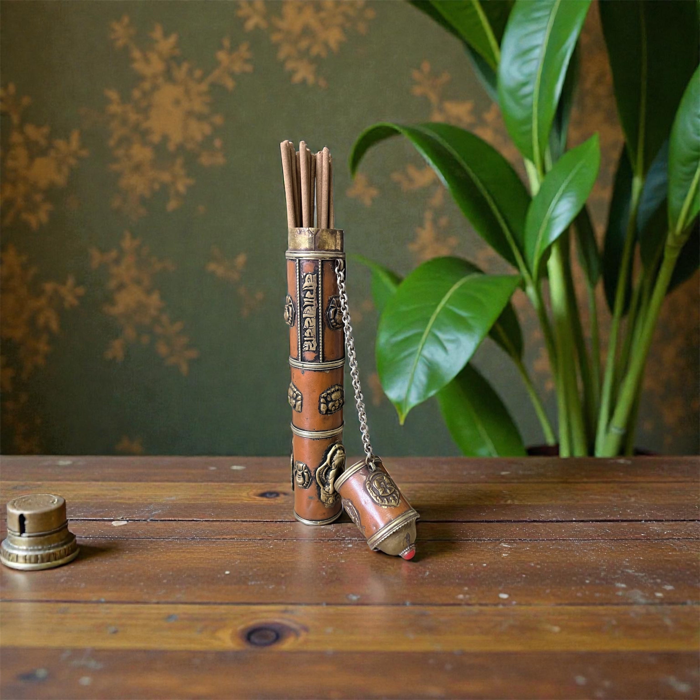 Tibetan Copper Incense Holder tube 8 Auspicious Symbols