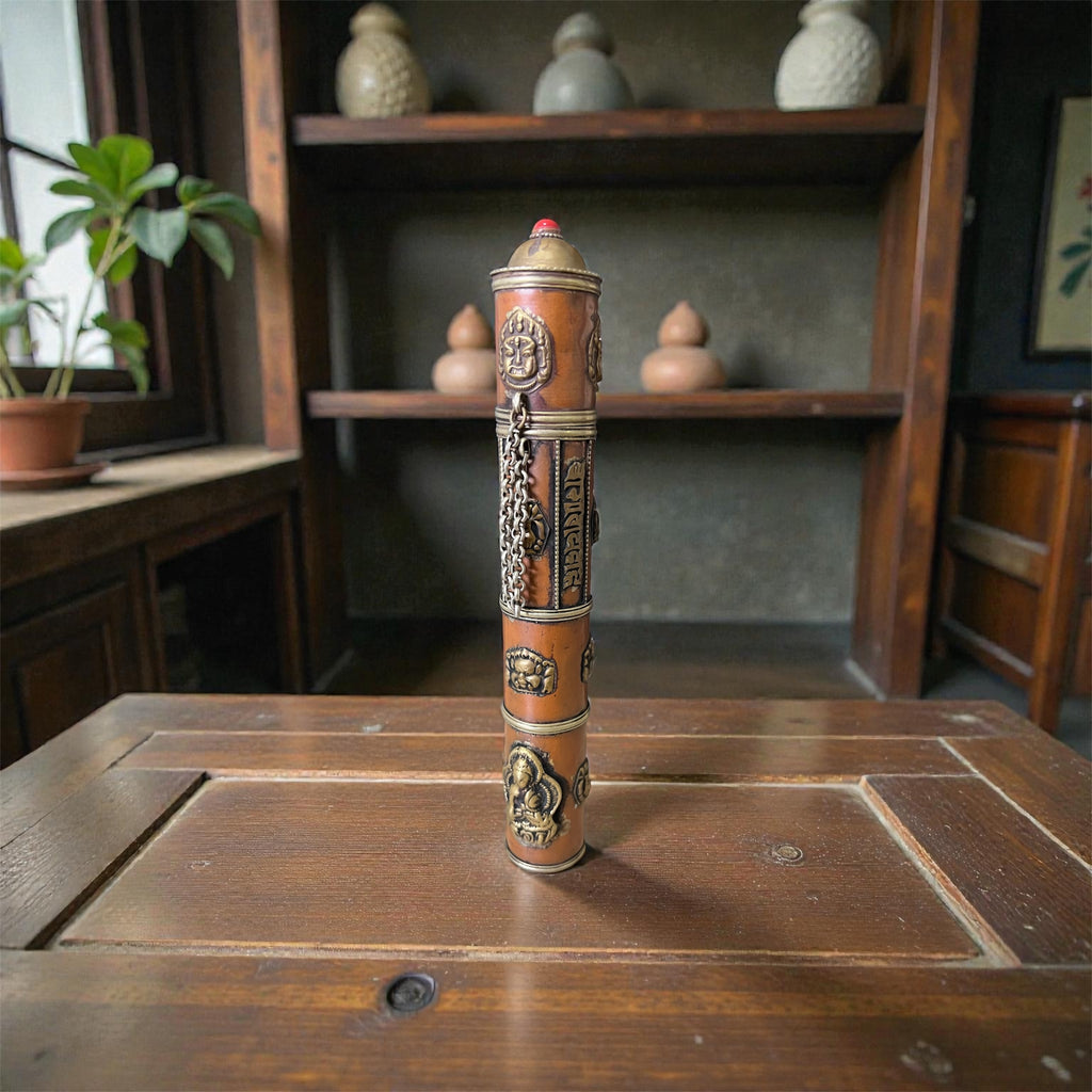 Tibetan Copper Incense Holder tube 8 Auspicious Symbols