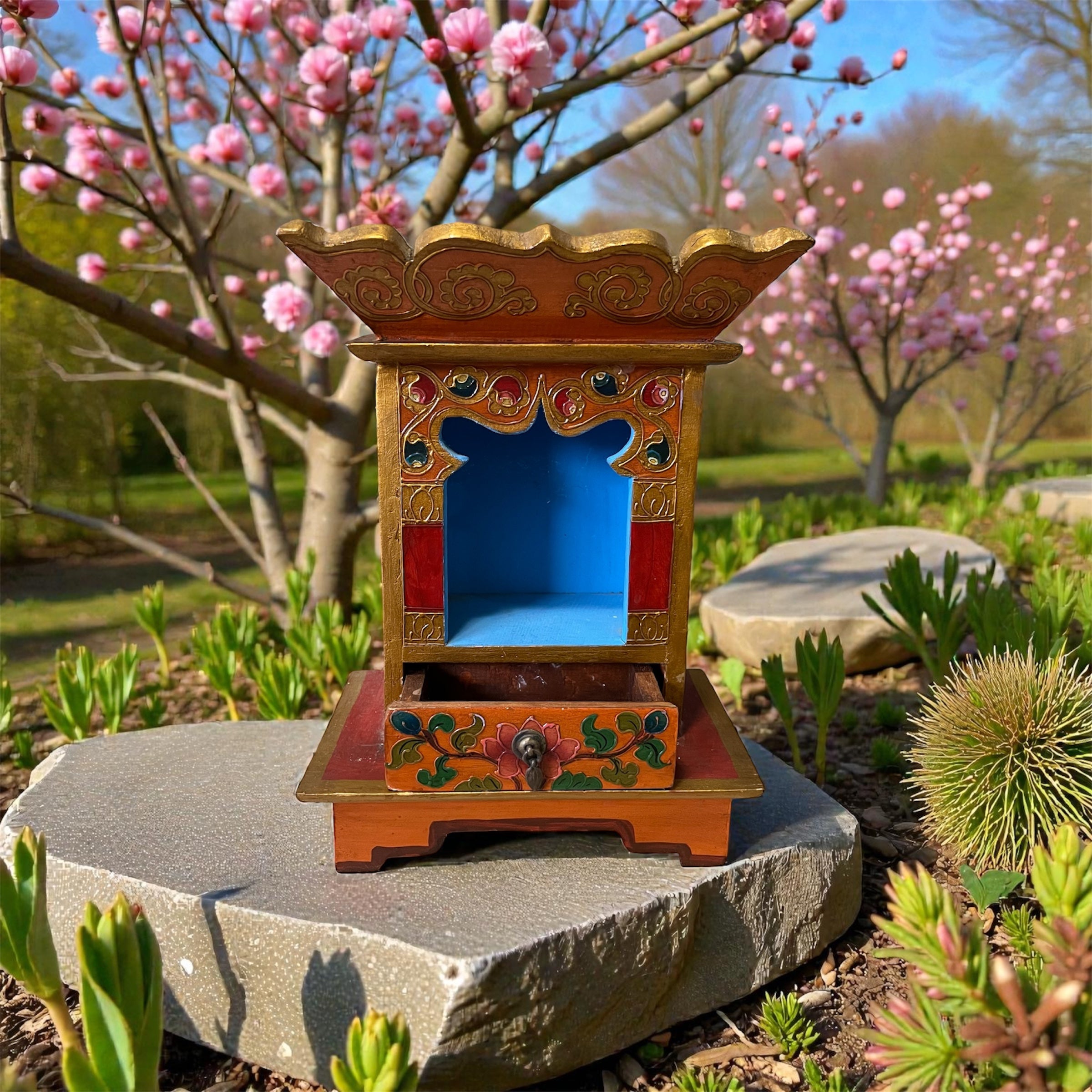 Traditional Tibetan, Altar Chesum Box Traditional Color Painted