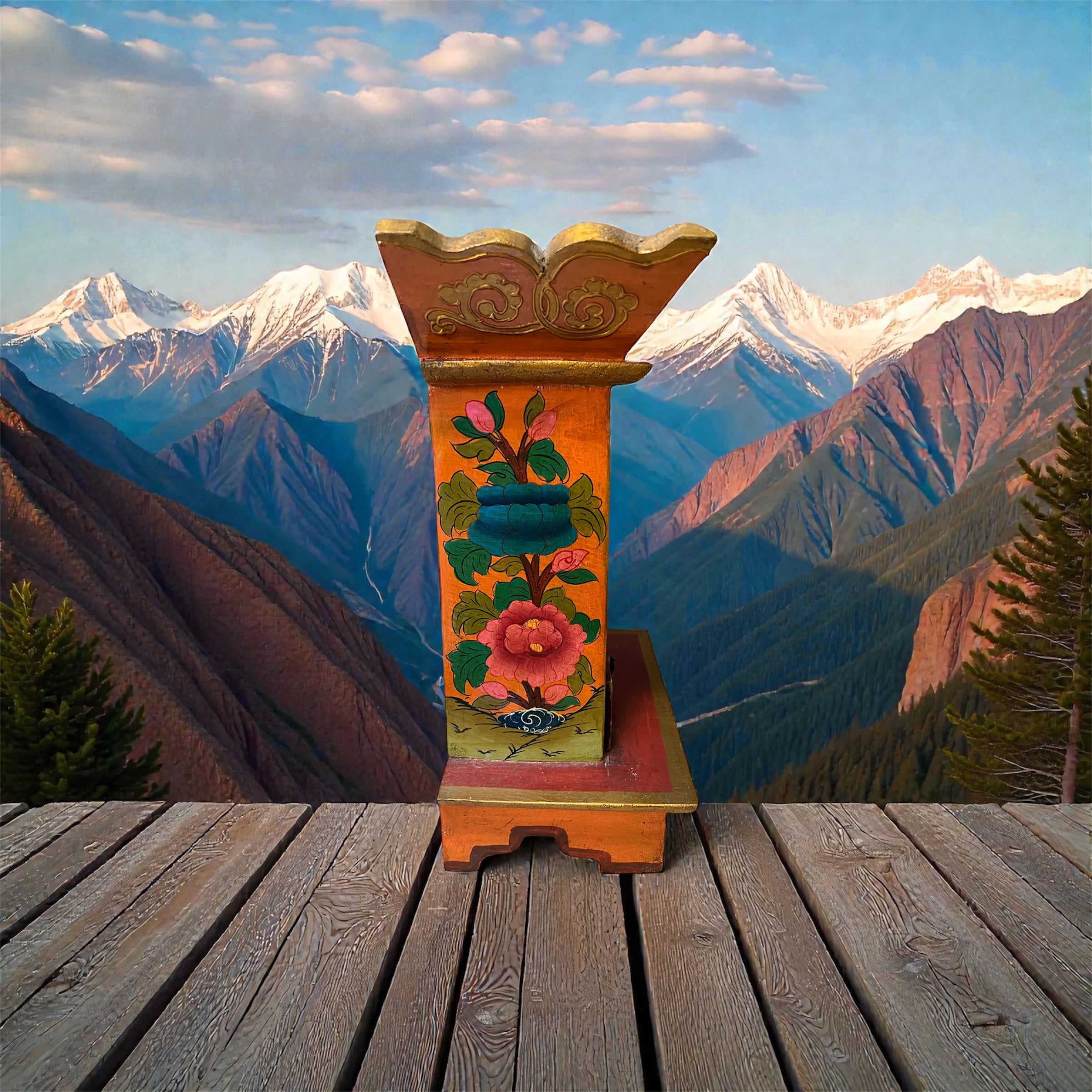 Traditional Tibetan, Altar Chesum Box Traditional Color Painted