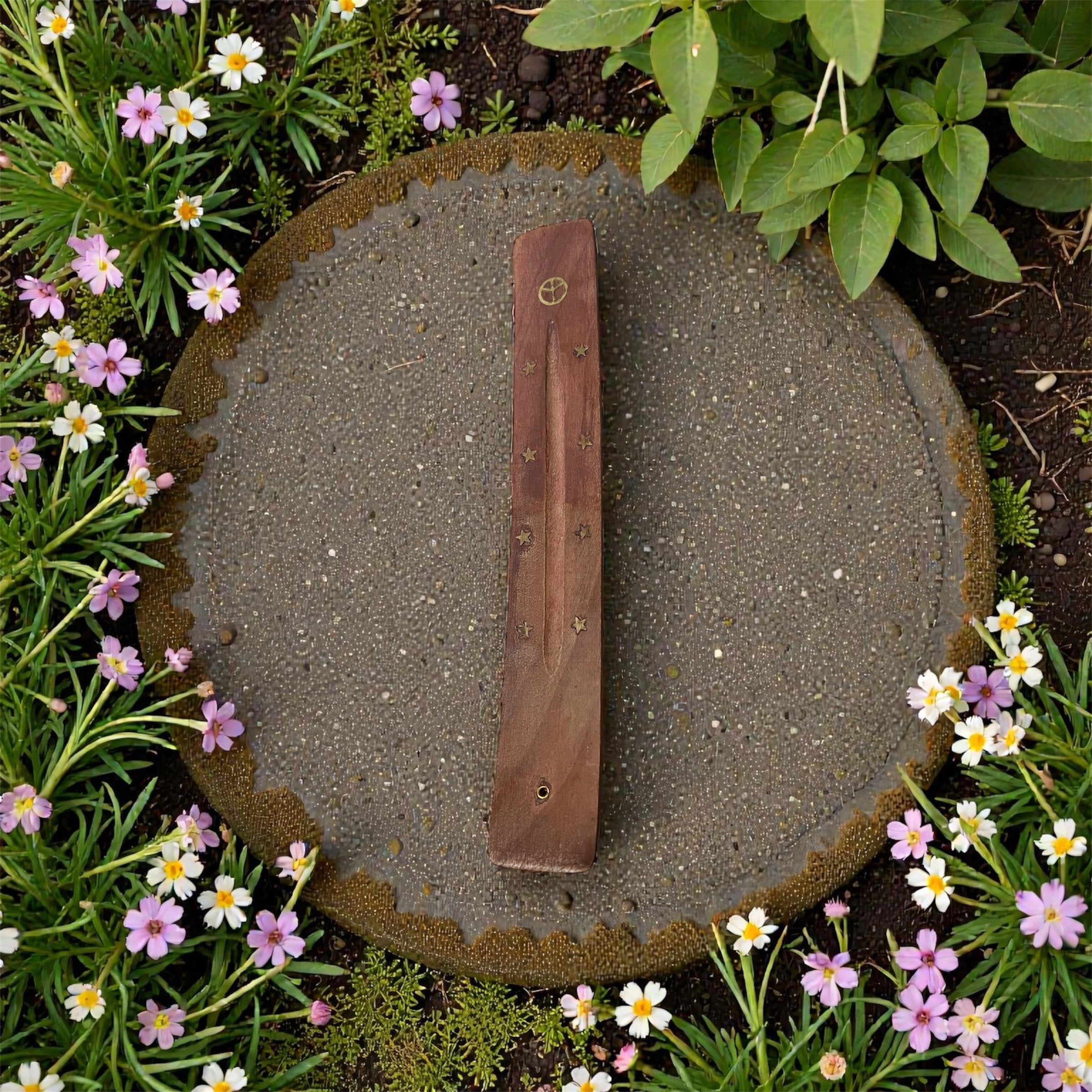 Burner, Brass Inlaid Shapes Natural Wood Wooden Stick Incense Burner
