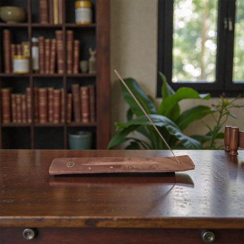 Burner, Brass Inlaid Shapes Natural Wood Wooden Stick Incense Burner