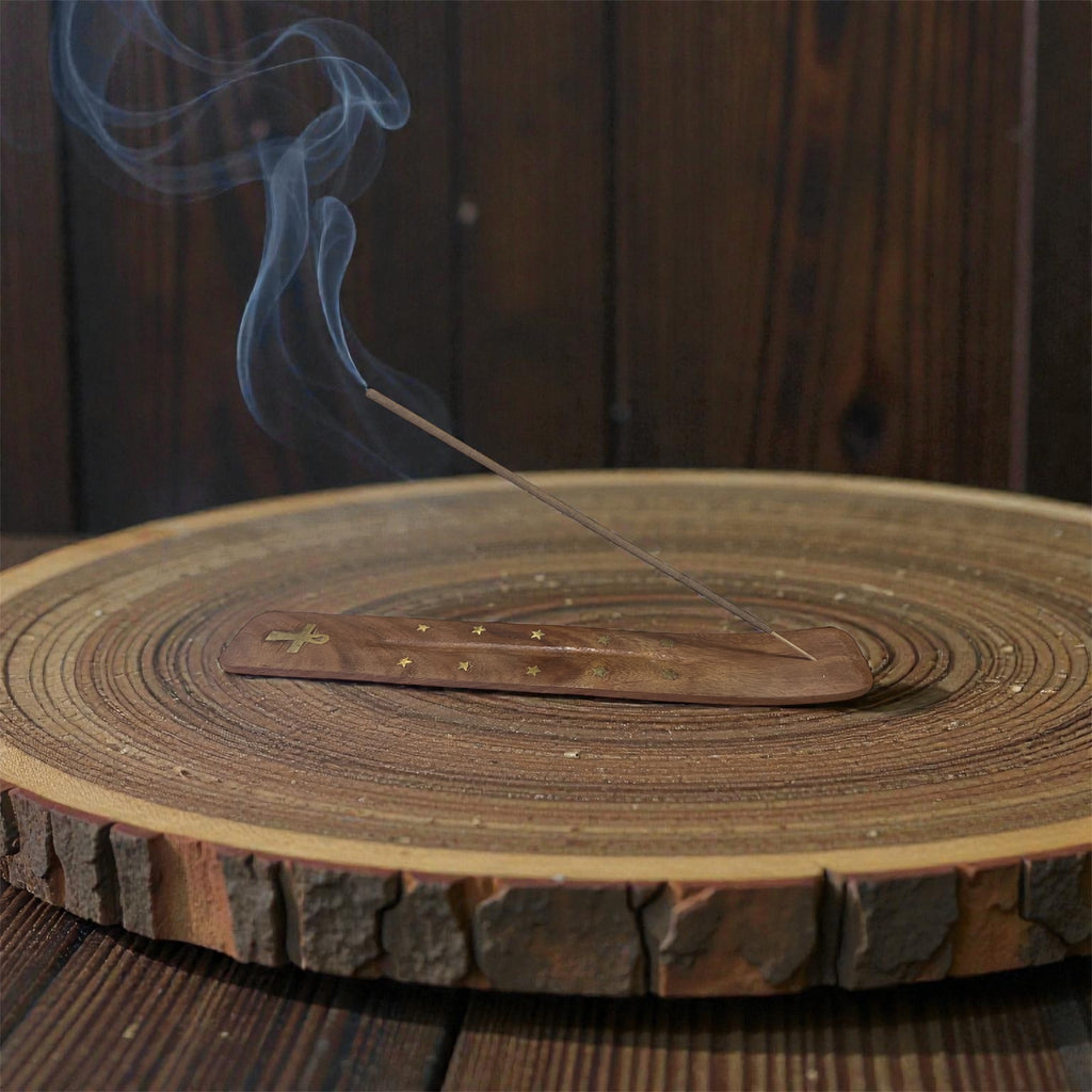 Burner, Brass Inlaid Shapes Natural Wood Wooden Stick Incense Burner