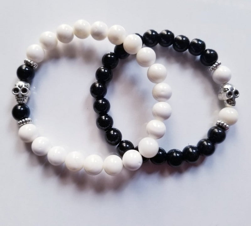 BLACK ONYX&nbsp; AND WHITE SHELL WITH SKULL COUPLE BRACELETS