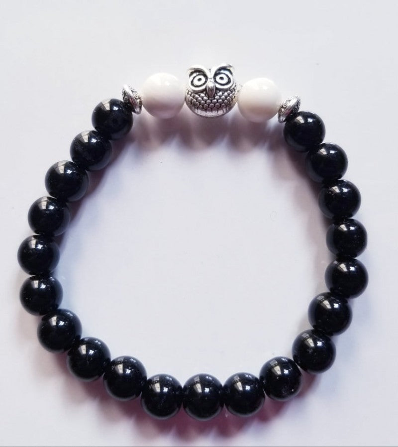 BLACK ONYX  WITH OWL CHARM BRACELET