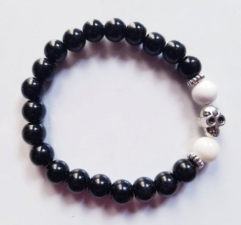 BLACK ONYX  WITH SKULL CHARM  BRACELET