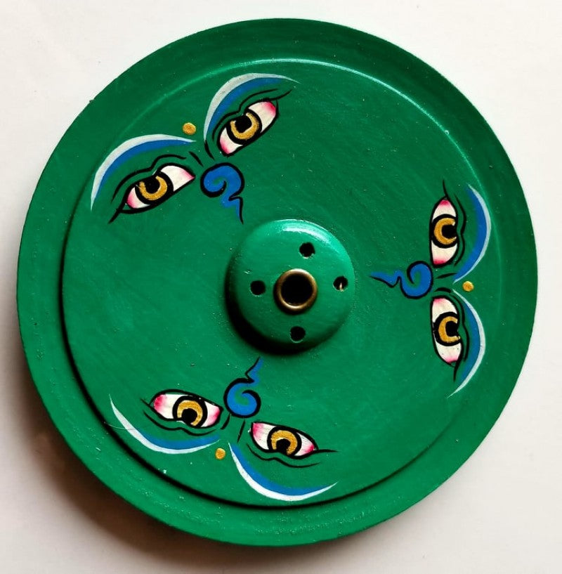 BUDDHA EYE FLAT WOODEN INCENSE BURNER(GREEN)