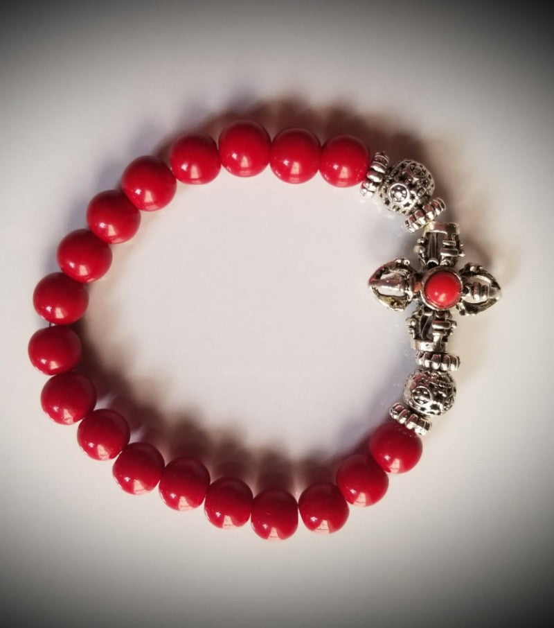 CORAL WITH DOUBLE DORJE  CHARM BRACELET