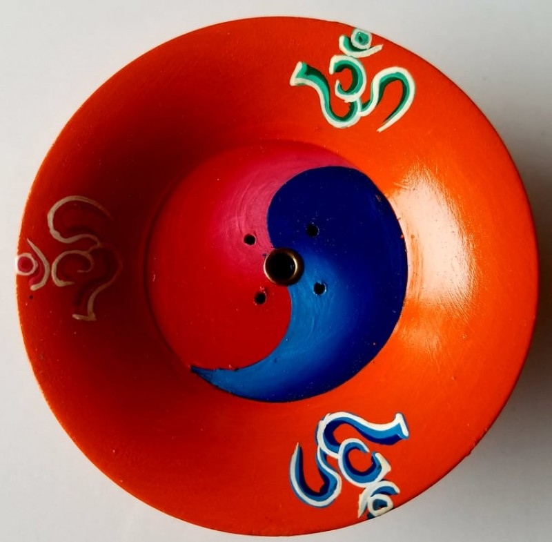 OM  PAINTED WOODEN INCENSE BURNER ( ORANGE)