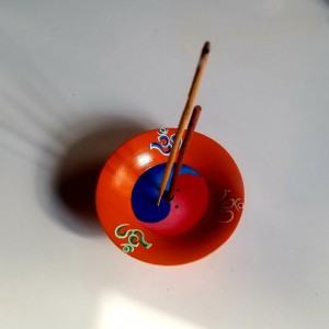 OM  PAINTED WOODEN INCENSE BURNER ( ORANGE)