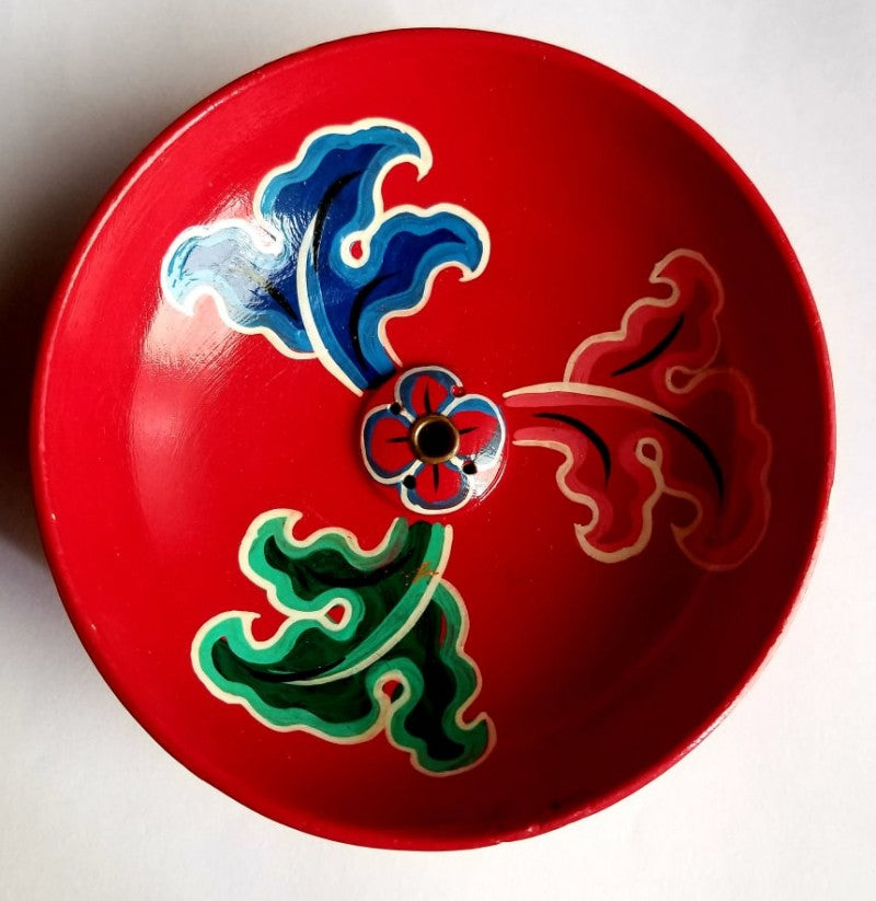 RED ROUND WITH LEAVES  WOODEN INCENSE BURNER