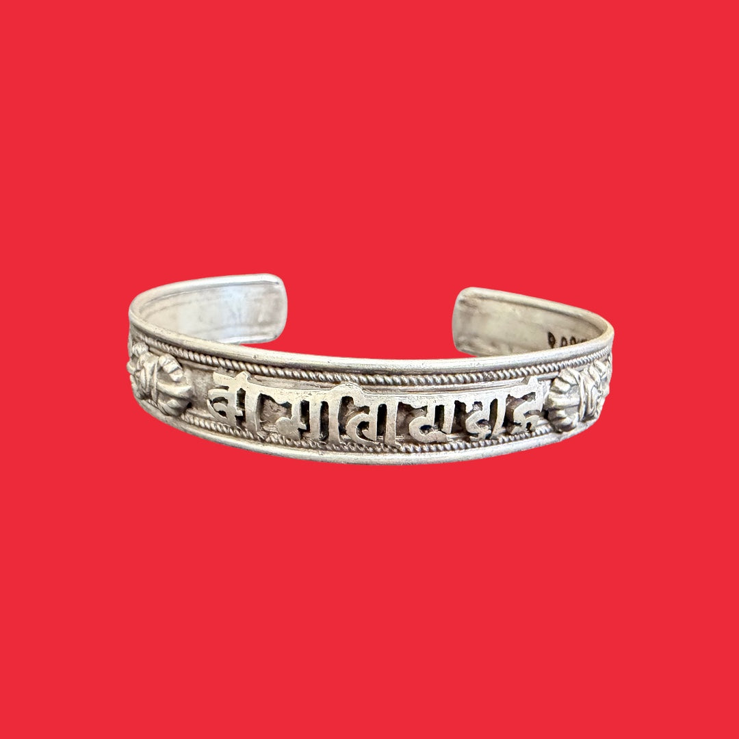 Sanskrit Om Mani and Double Vajra Carving Filigree Sterling Silver Bracelet
