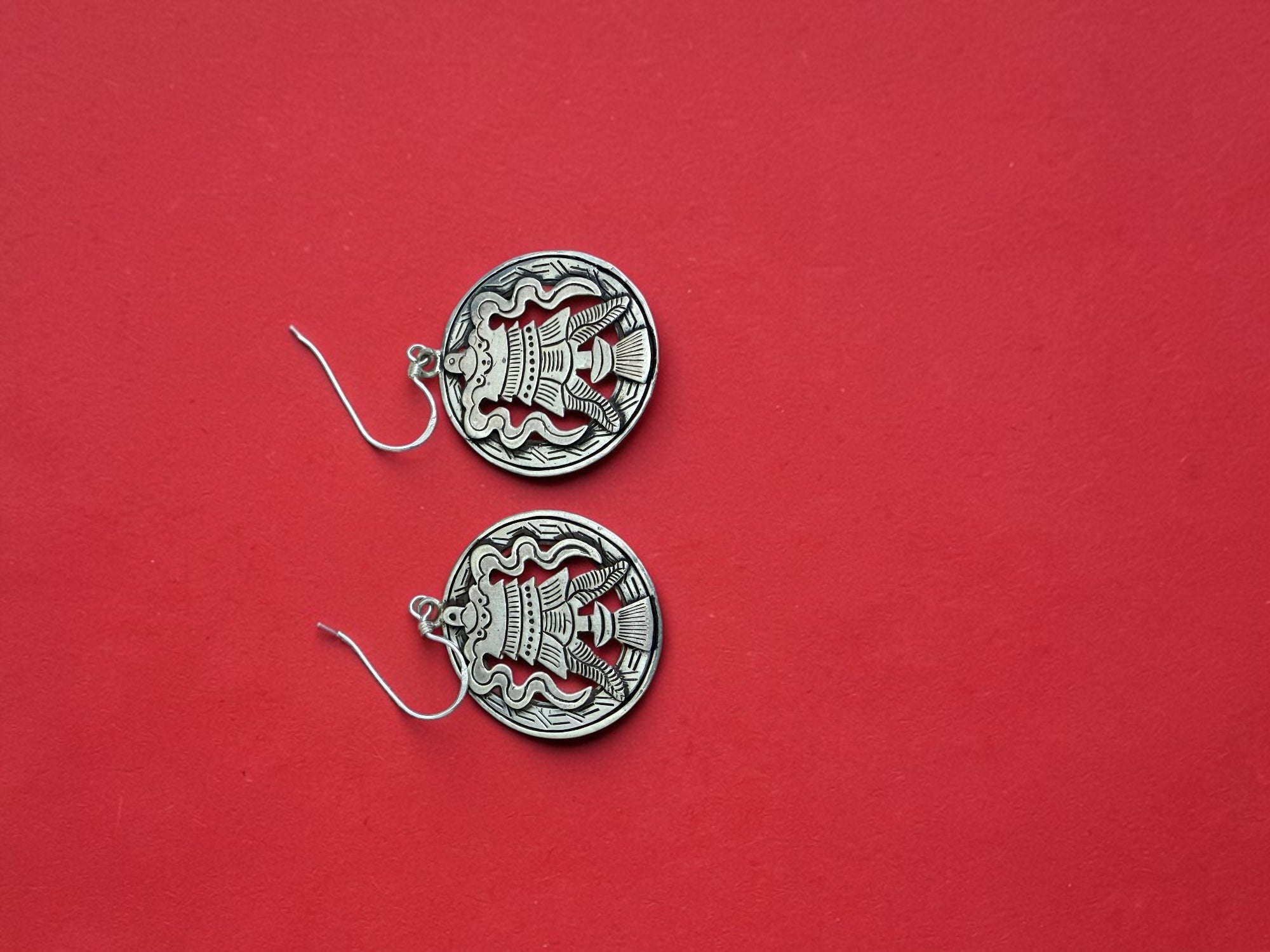 Tibetan Eight Auspicious Symbols Umbrella Sterling Silver Earring