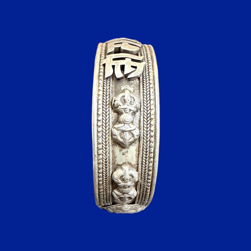 Om Mani and Double Dorje Carving Sterling Silver Bracelet