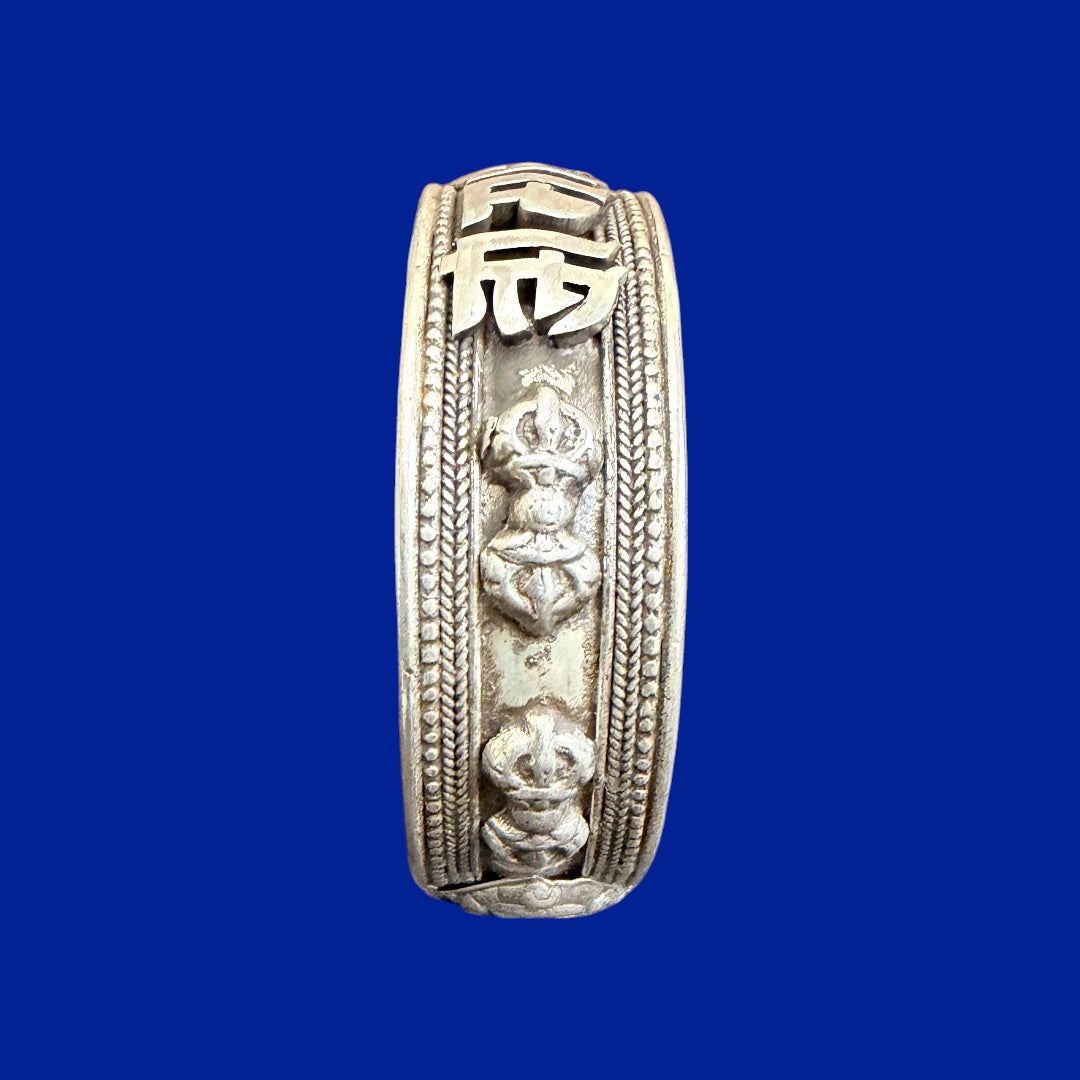 Om Mani and Double Dorje Carving Sterling Silver Bracelet