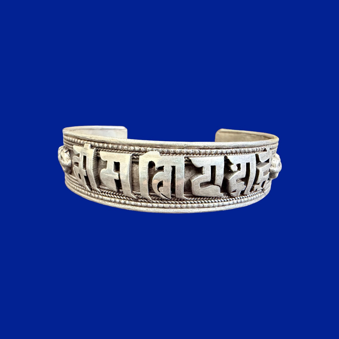 Om Mani and Double Dorje Carving Sterling Silver Bracelet