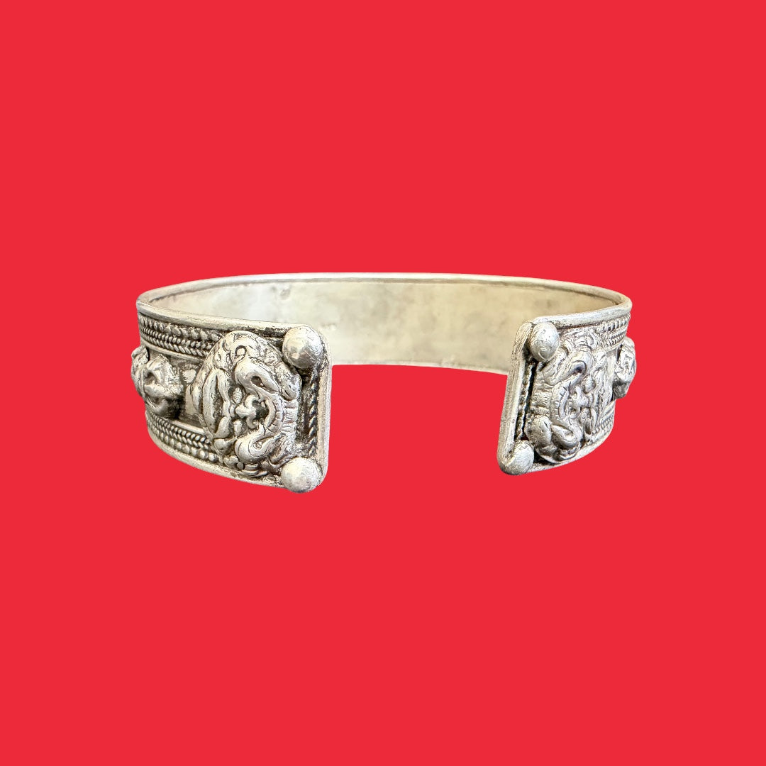 Om Mani and Double Dorje Carving Sterling Silver Bracelet