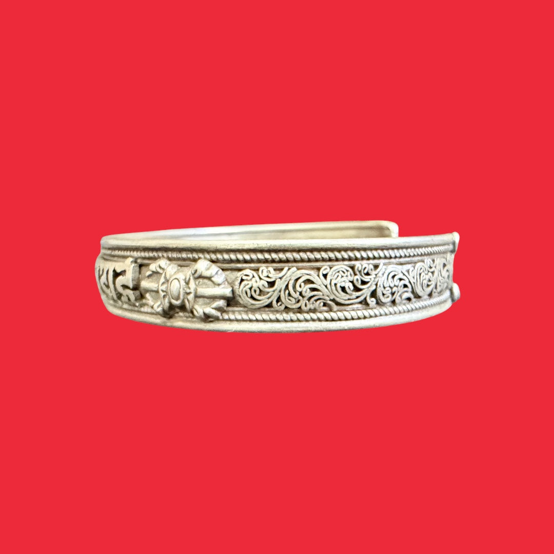 Sanskrit Om Mani and Double Vajra Carving Filigree Sterling Silver Bracelet