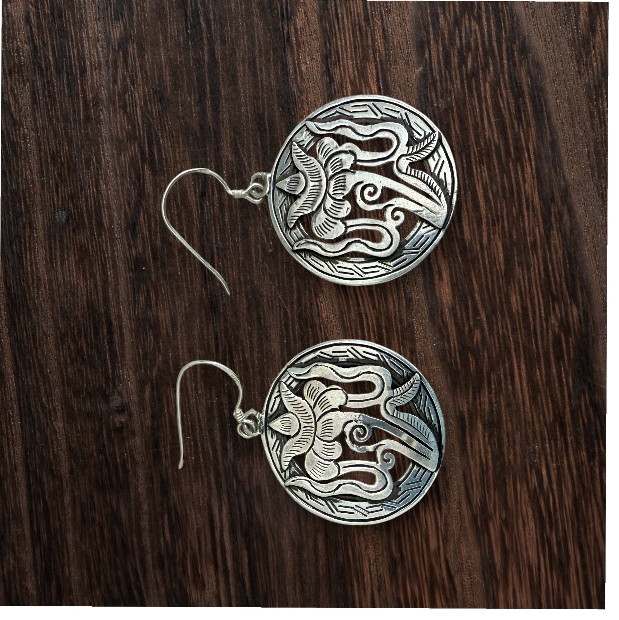 Tibetan Eight Auspicious Symbol Lotus Flower Sterling Silver Earring