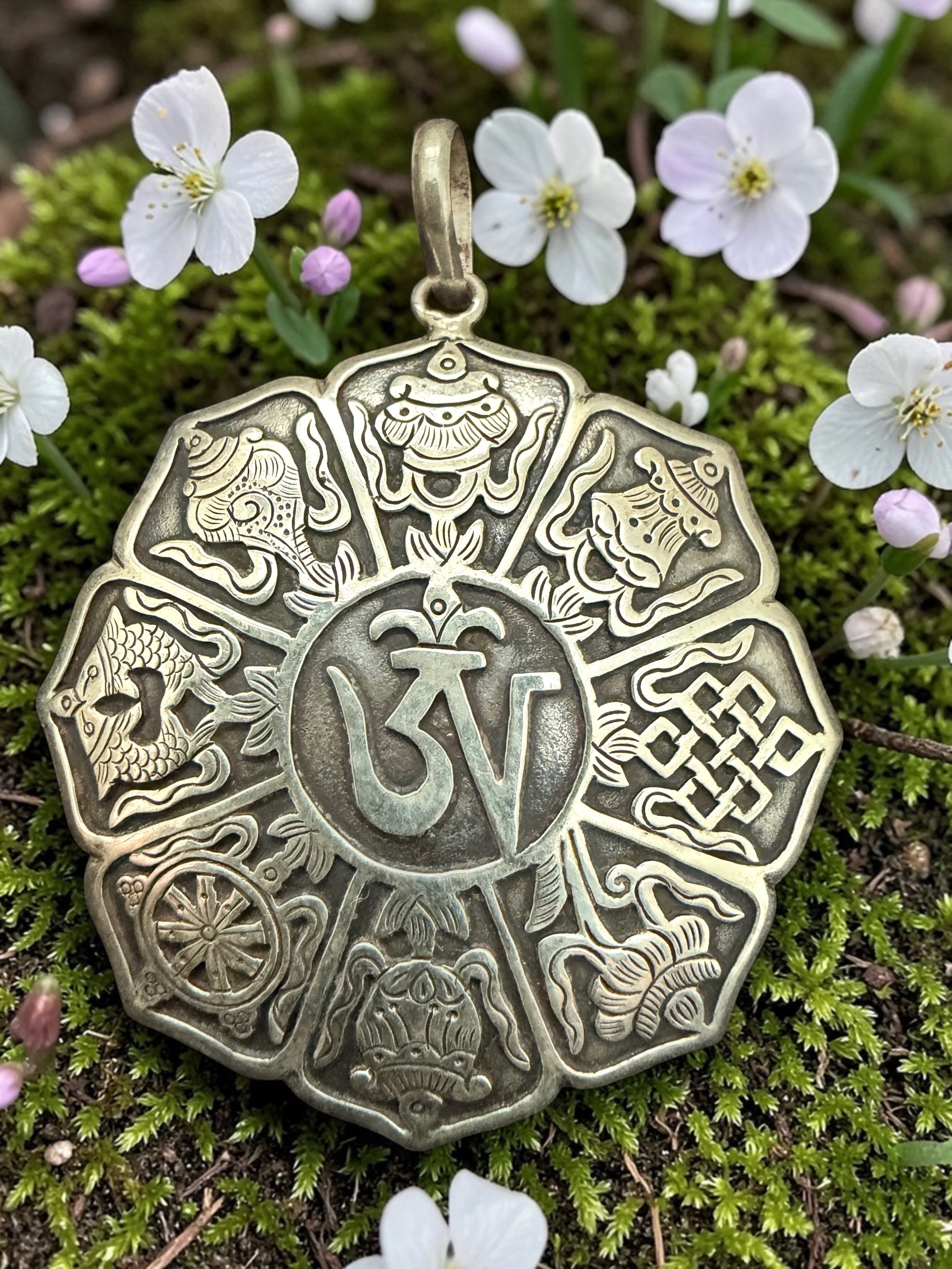 Eight Auspicious Sign with Om Sterling Silver Pendent