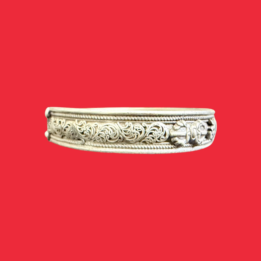 Sanskrit Om Mani and Double Vajra Carving Filigree Sterling Silver Bracelet