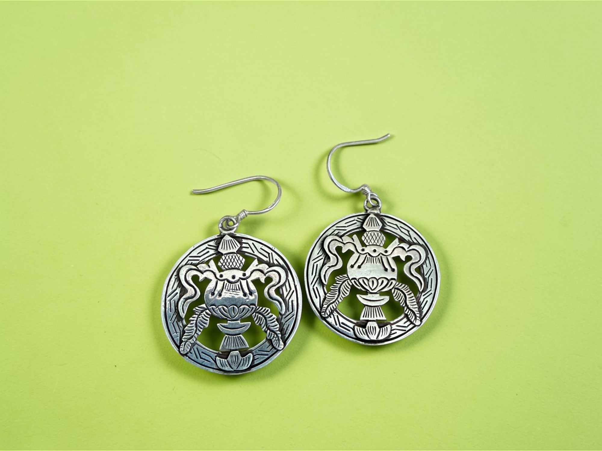 Tibetan Eight Auspicious Symbol Sterling Silver Earring Set