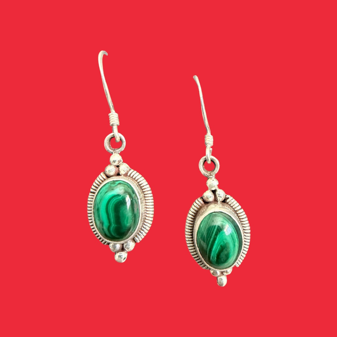 Handcrafted Sterling Silver Malachite Stone Earring flower decorated