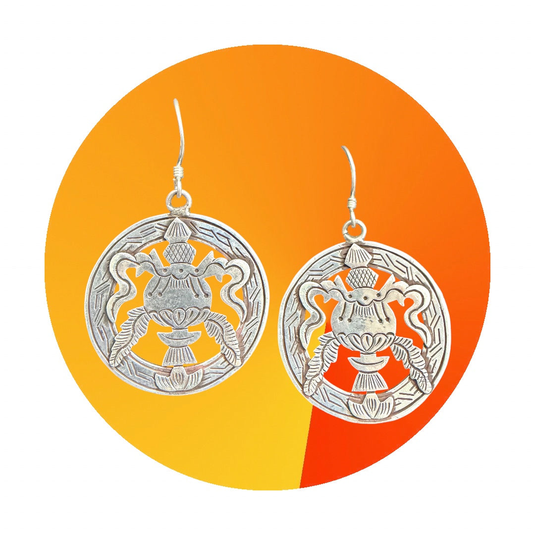 Tibetan Eight Auspicious Symbol Treasurer Vase Sterling Silver Earring