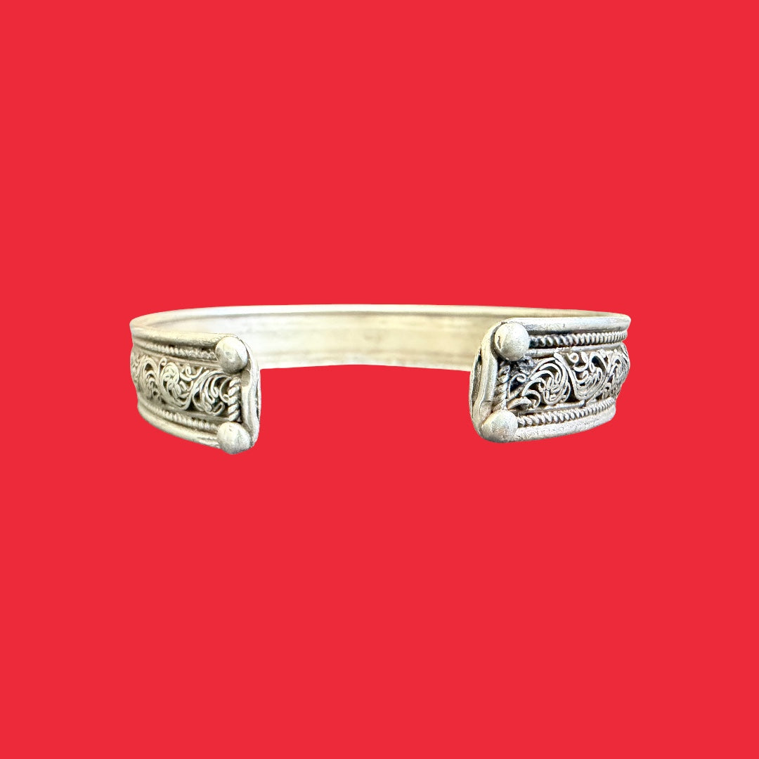 Sanskrit Om Mani and Double Vajra Carving Filigree Sterling Silver Bracelet