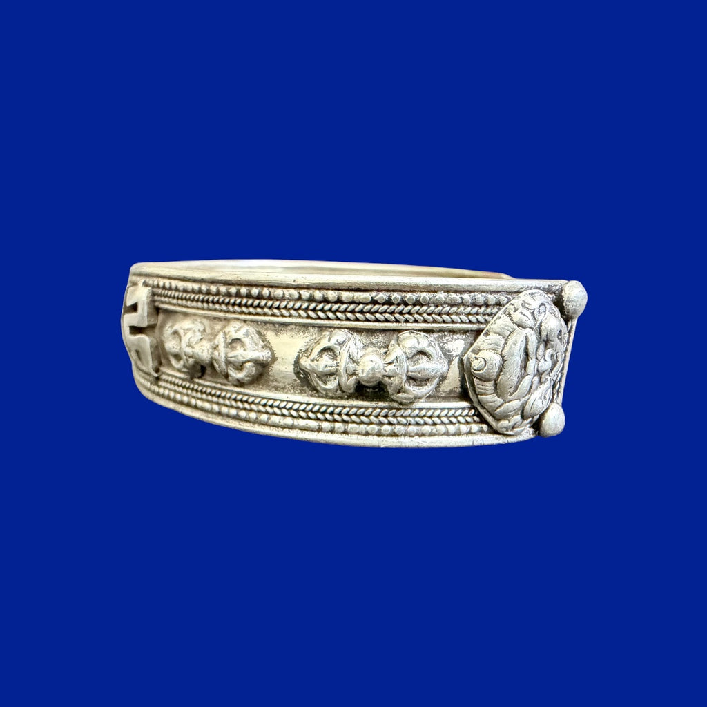 Om Mani and Double Dorje Carving Sterling Silver Bracelet