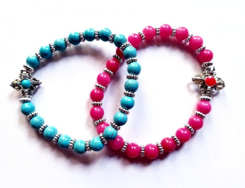 TURQUOISE AND PINK ONYX COUPLE BRACELETS WIH TURTLE CHARM
